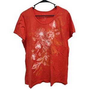 JMS Just My Size Womens BOHO T-Shirt Size 1X Orange Floral Metallic Short Sleeve